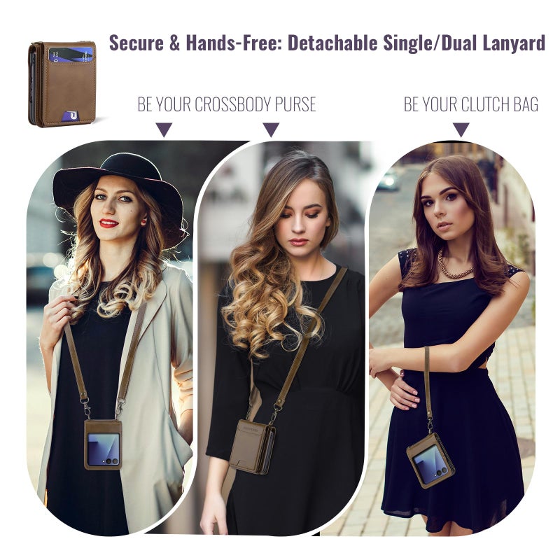 ASAPDOS for Samsung Galaxy Z Flip 7 PU Leather Wallet Phone Case with Card Slots (Holds 5-7 Cards), Anti-Drop Protection, Wrist & Shoulder Strap Coffee - Image 2
