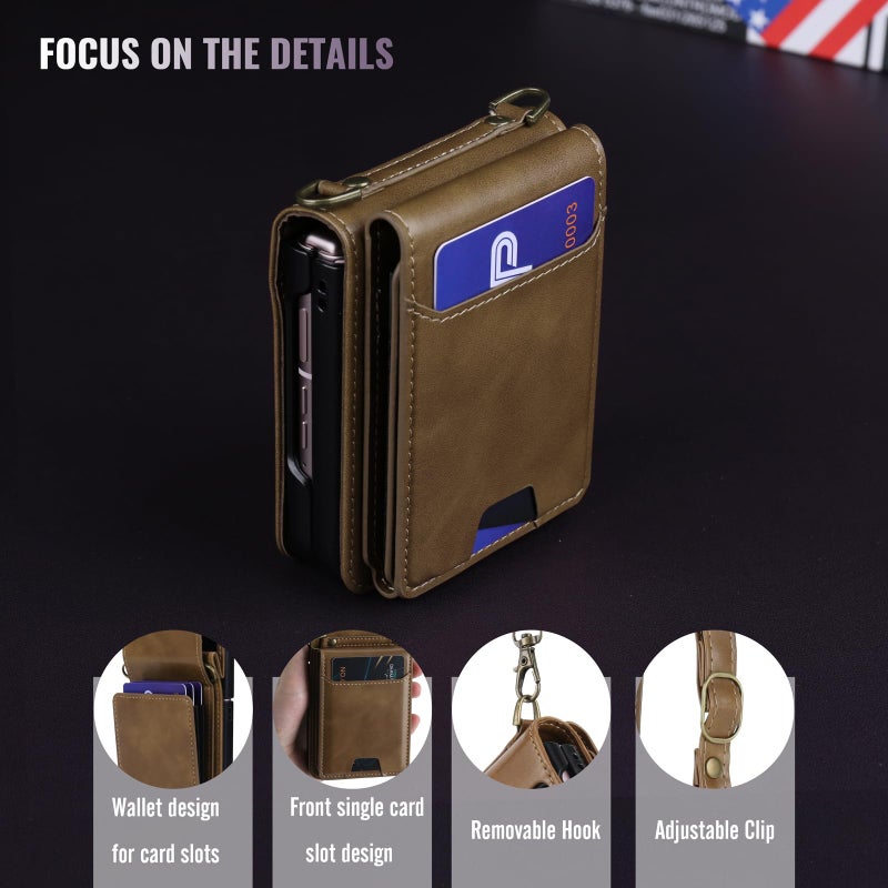 ASAPDOS for Samsung Galaxy Z Flip 7 PU Leather Wallet Phone Case with Card Slots (Holds 5-7 Cards), Anti-Drop Protection, Wrist & Shoulder Strap Coffee - Image 5