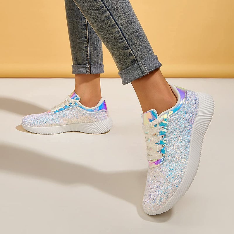 BELOS Women Shiny Glitter Sneakers Comfortable Stylish Shoes Lace up Bling Cute Shoes(8B(M) US, White) - Image 3
