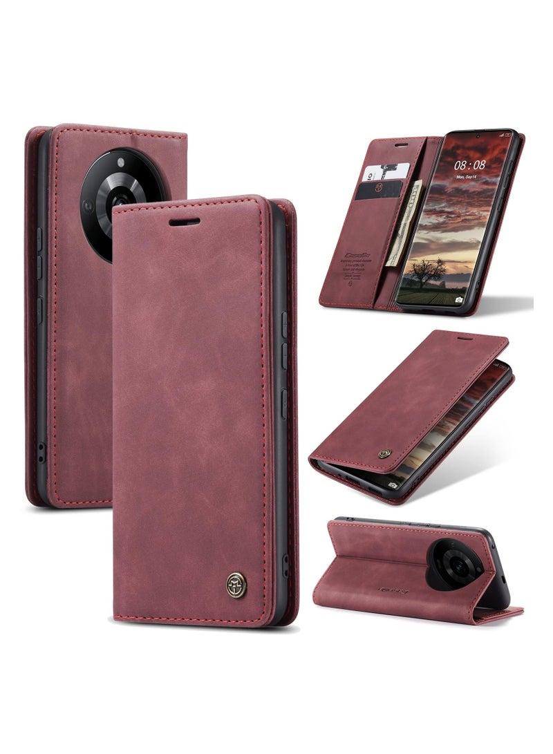 CaseMe Phone Case Luxury PU Leather Design 013 Flip Cover Card Slot Holder Cover For Realme 11 Pro /Realme 11 Pro Plus (Wine Red) - Image 1