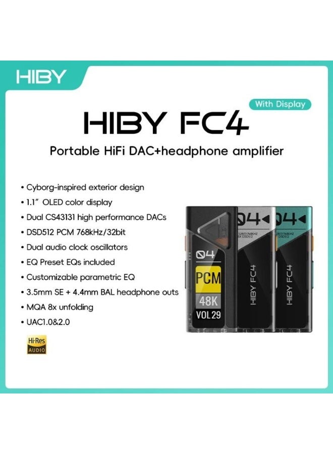 HiBy FC4 مُحول USB صوتي عالي الدقة مُضخم رأسية مزدوج التشفير Cs43131 Pcm768 Dsd512 مخرج 3.5/4.4 مم، أسود - Image 2