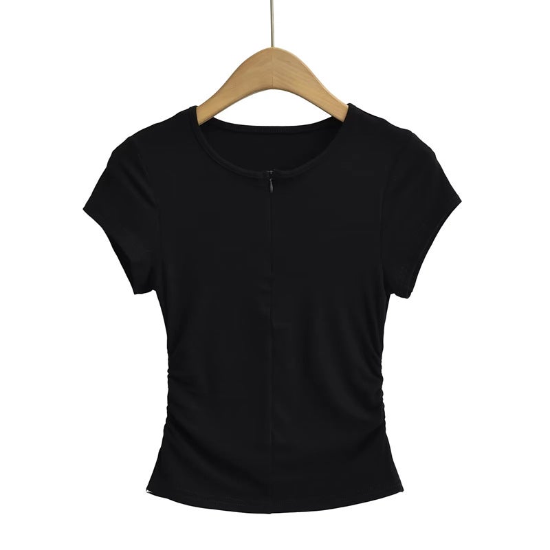 American Style Spice Girl Crewneck Zipper Fake Two-Piece Short-Sleeved T-Shirt Side Waist Pleated Slim-Fit Short Top Ins - Image 1