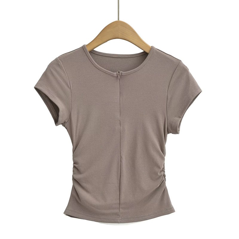 American Style Spice Girl Crewneck Zipper Fake Two-Piece Short-Sleeved T-Shirt Side Waist Pleated Slim-Fit Short Top Ins - Image 4