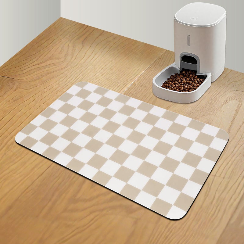 CooRug Checkered Dog Food Mat, Absorbent Leak-Proof Pet Feeding Mat, Quick Dry Cat Food Mat for Messy Drinkers 12" x 20" Khaki - Image 1