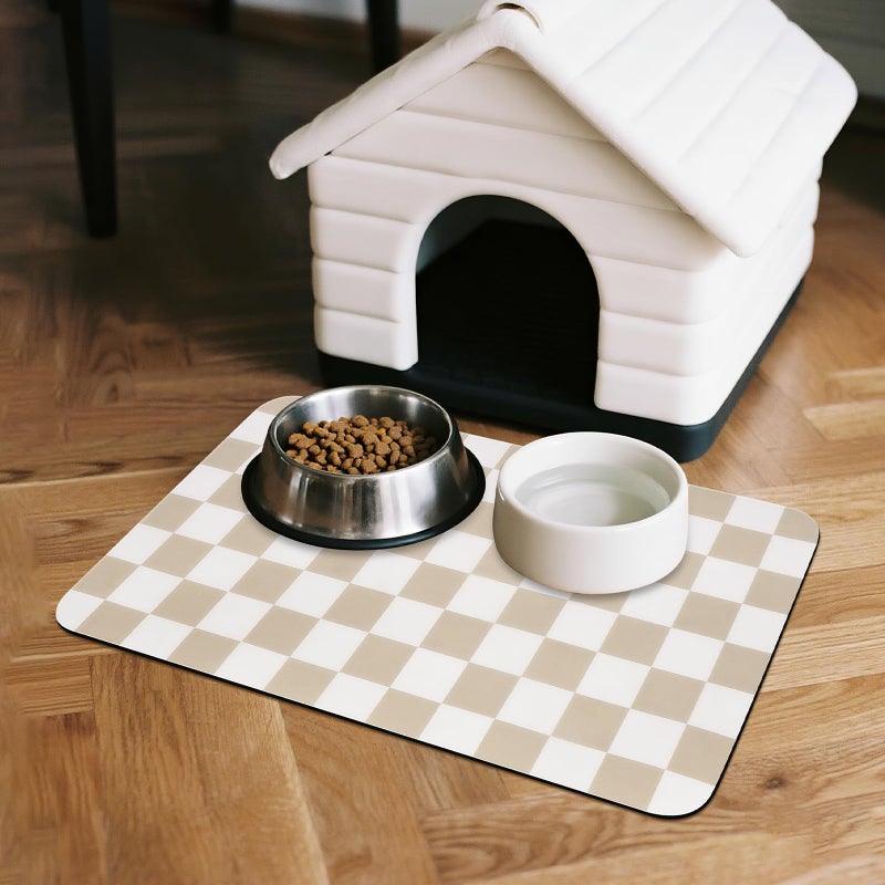 CooRug Checkered Dog Food Mat, Absorbent Leak-Proof Pet Feeding Mat, Quick Dry Cat Food Mat for Messy Drinkers 12" x 20" Khaki - Image 3