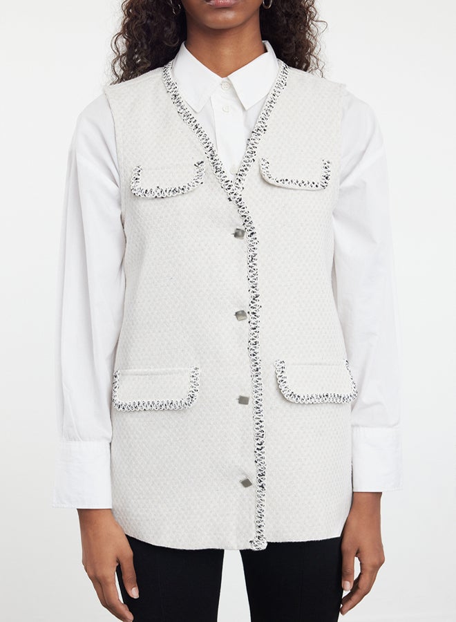 trendyol Ecru Tweed Piping Detailed Woven Vest TCTSS24YL00012 - Image 3