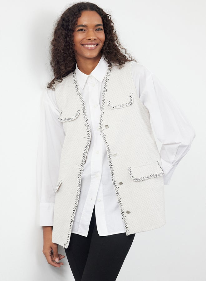 trendyol Ecru Tweed Piping Detailed Woven Vest TCTSS24YL00012 - Image 2