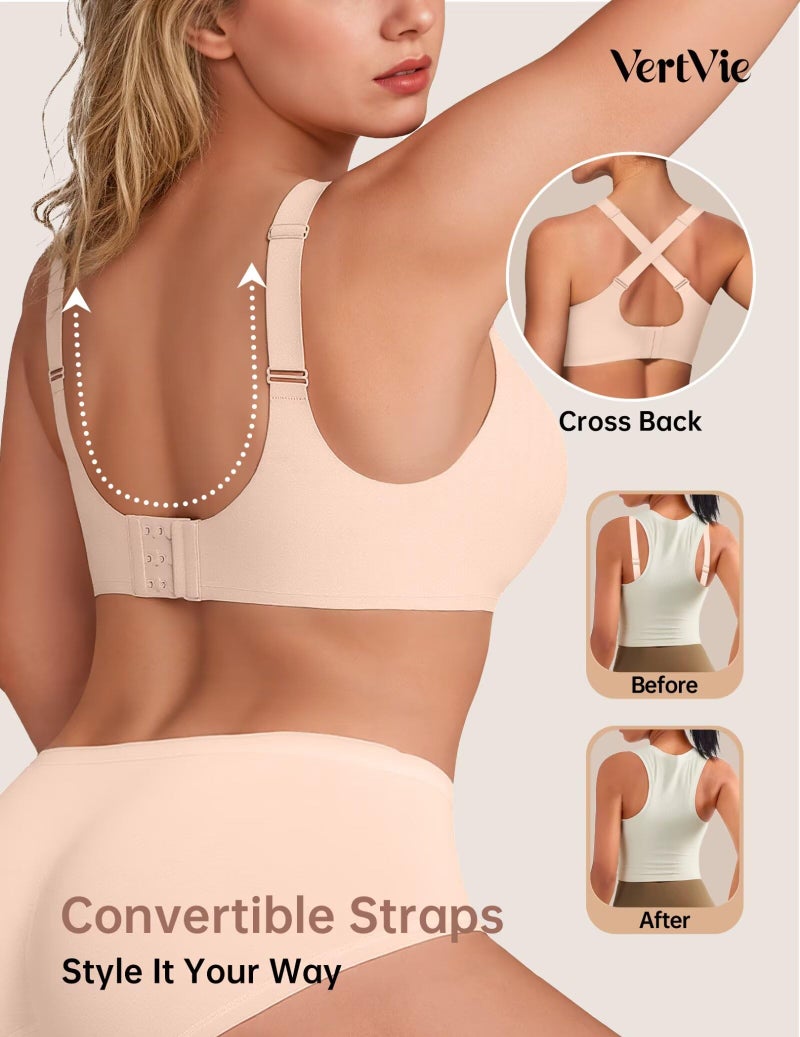 Vertvie Wireless Bras for Women No Underwire Supportive Mesh Crossover Bra Seamless Push Up Full Coverage Everyday Bralettes(Nude,Large) - Image 3
