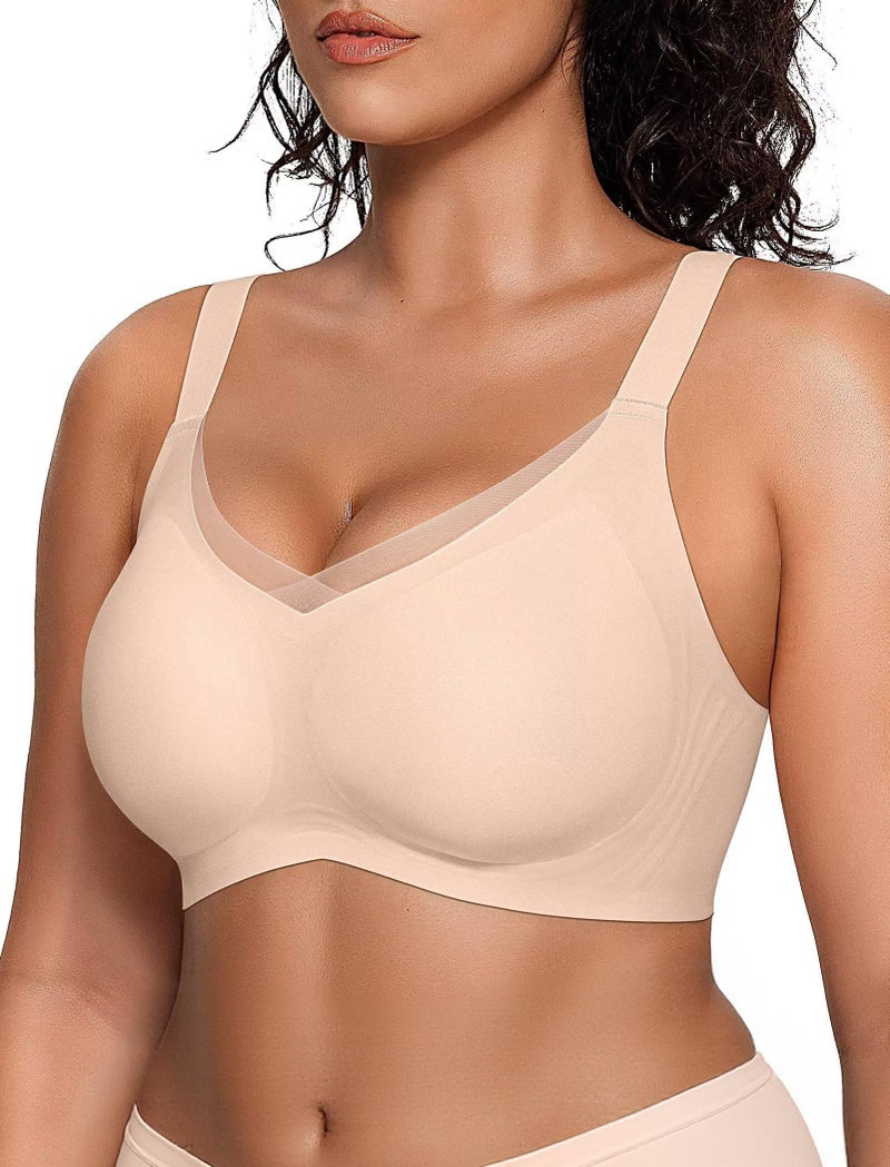 Vertvie Wireless Bras for Women No Underwire Supportive Mesh Crossover Bra Seamless Push Up Full Coverage Everyday Bralettes(Nude,Large) - Image 1