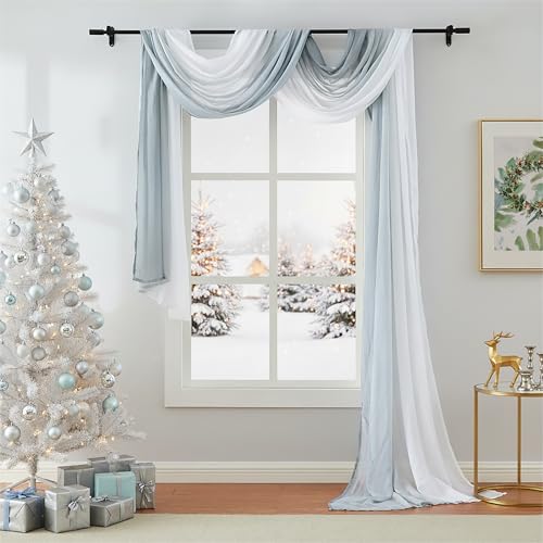 Purainbow 1 Piece Ombre Chiffon Sheer Window Scarf Valance Curtains 18ft for Living Room, Home Decor, 52"x216" Long Crinkle Soft Window Top Sheer Voile Valance for Wedding Party Decor, Grey - Image 1