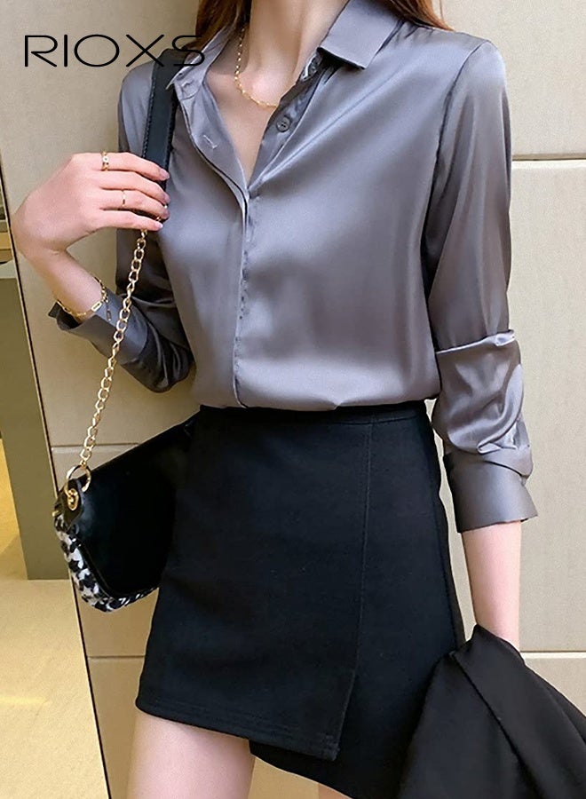 ريوكس قميص طويل الأكمام مصنوع من الحرير الأزرق للنساء، بلوزة أنيقة من الياقة، قميص درسي خفيف الوزن مع كفوف زرية، قميص المكتب غير الرسمي القابل للتنفس، شيك بلوز المصغر المستوحى من العنب - Image 3