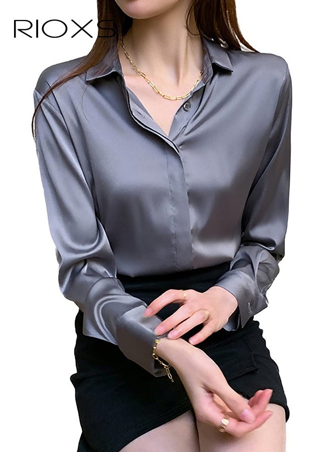 ريوكس قميص طويل الأكمام مصنوع من الحرير الأزرق للنساء، بلوزة أنيقة من الياقة، قميص درسي خفيف الوزن مع كفوف زرية، قميص المكتب غير الرسمي القابل للتنفس، شيك بلوز المصغر المستوحى من العنب - Image 1