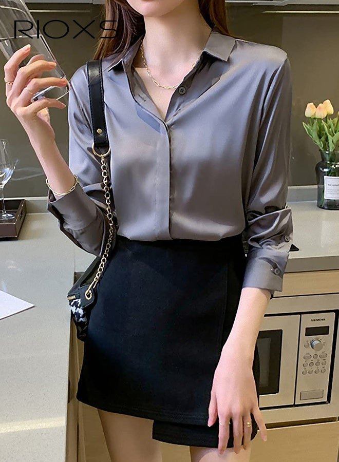 ريوكس قميص طويل الأكمام مصنوع من الحرير الأزرق للنساء، بلوزة أنيقة من الياقة، قميص درسي خفيف الوزن مع كفوف زرية، قميص المكتب غير الرسمي القابل للتنفس، شيك بلوز المصغر المستوحى من العنب - Image 2