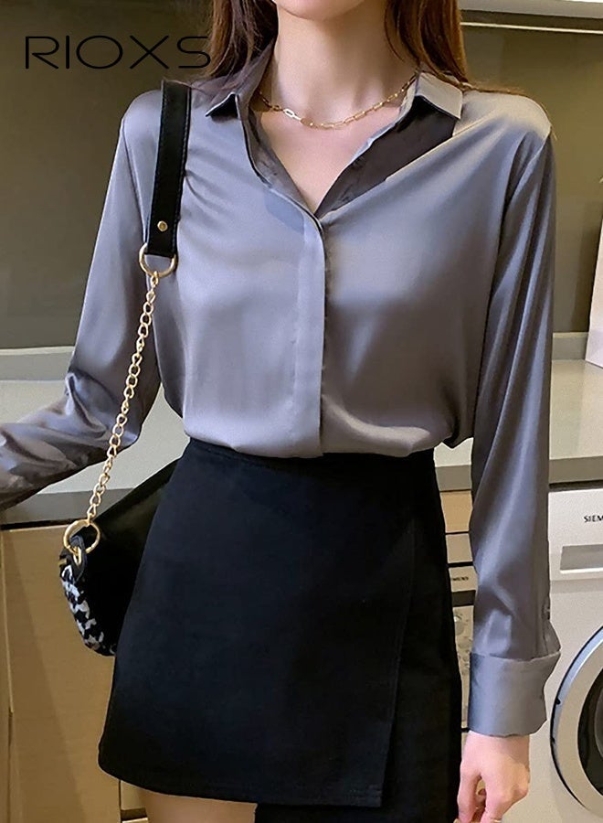 RIOXS ​​Women's Blue Satin Long Sleeve Shirt, Elegant Notch Collar Blouse, Lightweight Dressy Top with Button Cuffs, Breathable Office Casual Shirt, Vintage Inspired Minimalist Chic Blouse​ - Image 5