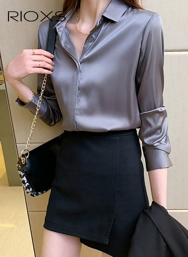 RIOXS ​​Women's Blue Satin Long Sleeve Shirt, Elegant Notch Collar Blouse, Lightweight Dressy Top with Button Cuffs, Breathable Office Casual Shirt, Vintage Inspired Minimalist Chic Blouse​ - Image 4