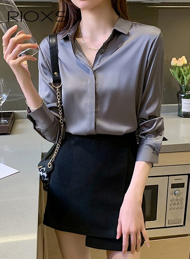 RIOXS ​​Women's Blue Satin Long Sleeve Shirt, Elegant Notch Collar Blouse, Lightweight Dressy Top with Button Cuffs, Breathable Office Casual Shirt, Vintage Inspired Minimalist Chic Blouse​ - Image 3