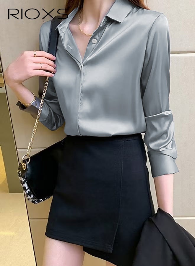 RIOXS ​​Women's Blue Satin Long Sleeve Shirt, Elegant Notch Collar Blouse, Lightweight Dressy Top with Button Cuffs, Breathable Office Casual Shirt, Vintage Inspired Minimalist Chic Blouse​ - Image 2
