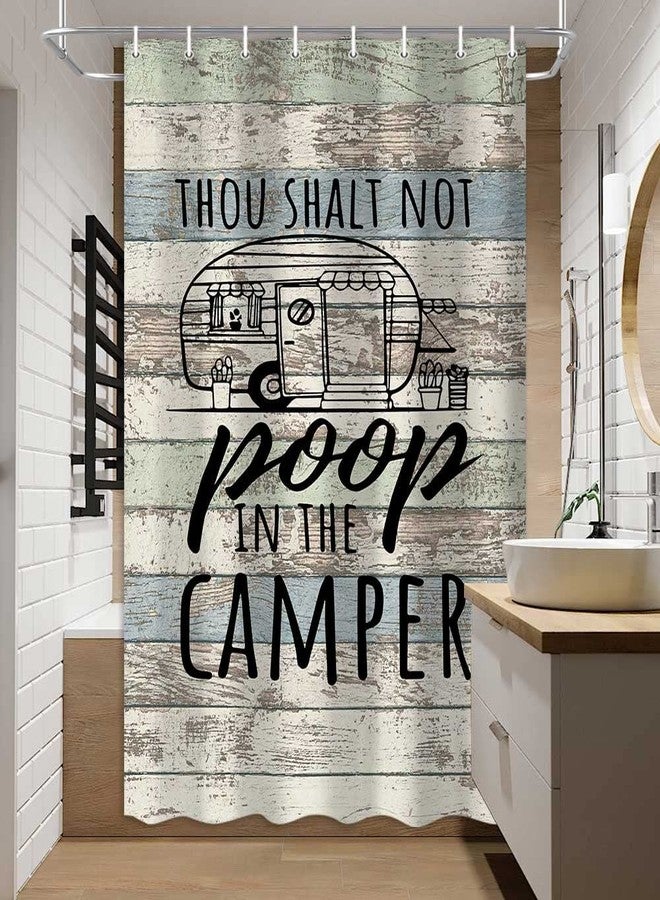 Hajmsug RV Shower Curtain for Bathroom, Funny Retro Rustic Wood Neutral Color Farmhouse Camping Short Small Camper Shower Curtain for Travel Trailers, Fun Quotes Happy Camp Shower Fabric Room Sets, 47x64 - Image 1
