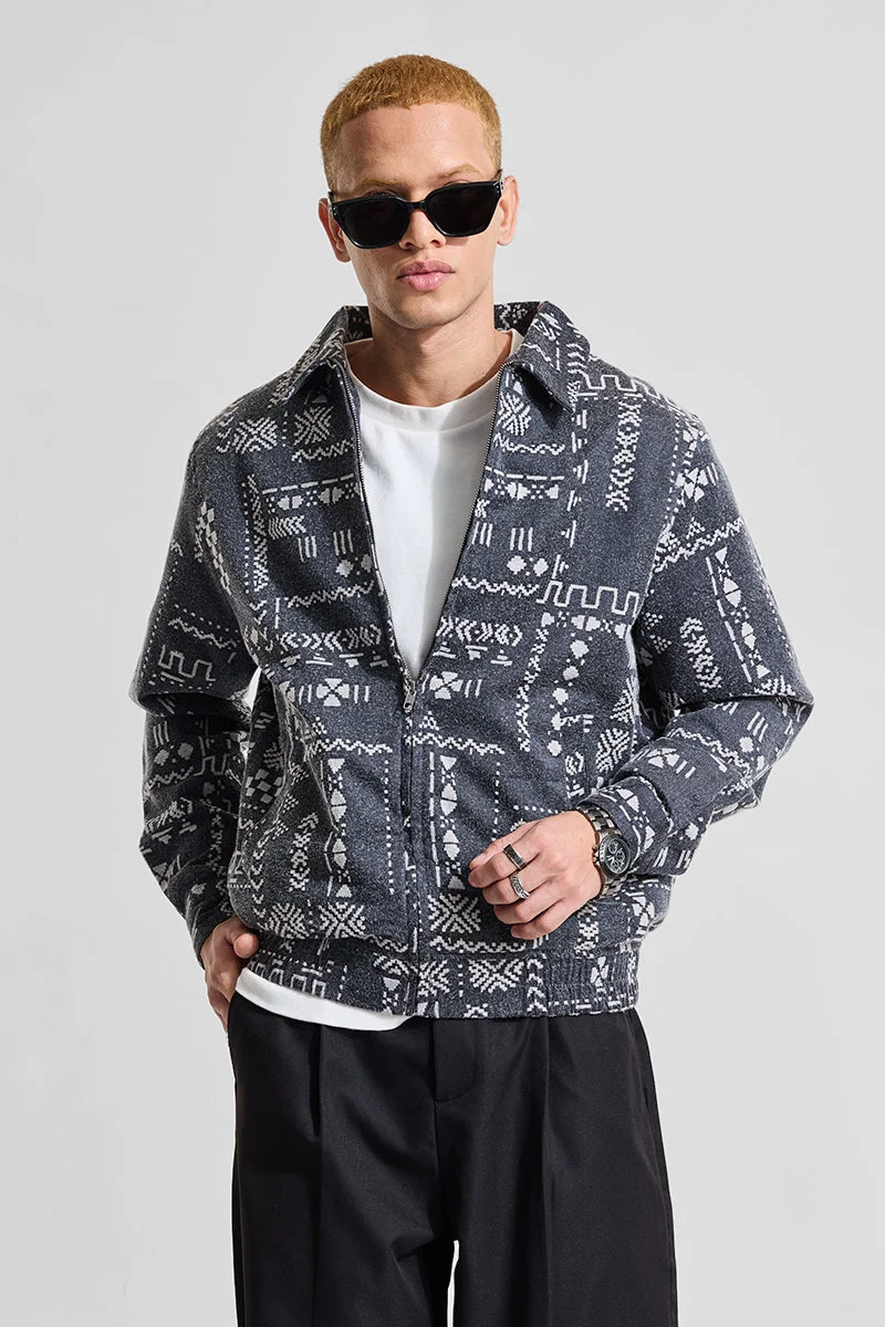 SNITCH Relaxed Fit Geometric Grey Zipper Jacket