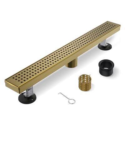 HTOH Linear Shower Drain 24 Inch Gold Shower Drain with Removable Square Hole Cover Grate Bathroom Modern 304 Stainless Steel Brushed Gold Shower Floor Drain with Adjustable FeetHair Catcher - Image 1