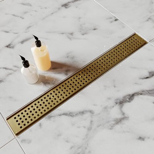 HTOH Linear Shower Drain 24 Inch Gold Shower Drain with Removable Square Hole Cover Grate Bathroom Modern 304 Stainless Steel Brushed Gold Shower Floor Drain with Adjustable FeetHair Catcher - Image 3