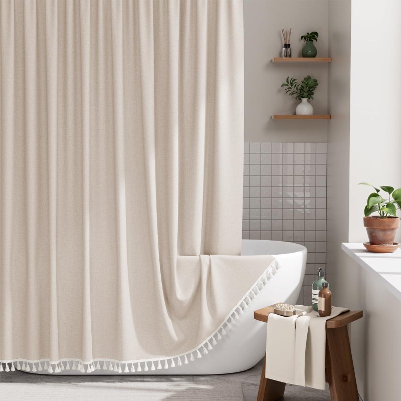 AmazerBath Boho Shower Curtain for Bathroom, 72x72 Beige Shower Curtain with Tassels, Modern Farmhouse Shower Curtain Set with Hooks, Neutral Faux Linen Light Tan Toned, Water Repellent - Image 1