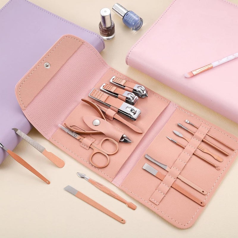Bluwings Bluwings 16 in 1 Stainless Steel Professional Manicure Set Nail Cutter for Women Nail Scissors Luxury Grooming Kit Manicure Pedicure Kit with Leather Case for Women Nail Repairs Acne Remover needle 1 Set Peach - Image 1