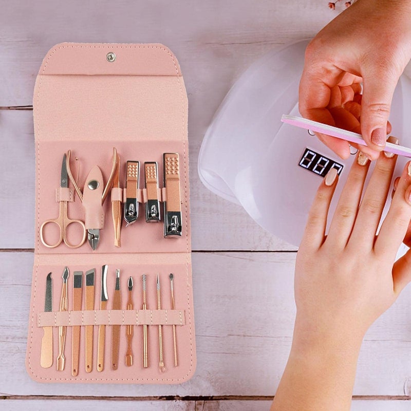Bluwings Bluwings 16 in 1 Stainless Steel Professional Manicure Set Nail Cutter for Women Nail Scissors Luxury Grooming Kit Manicure Pedicure Kit with Leather Case for Women Nail Repairs Acne Remover needle 1 Set Peach - Image 3