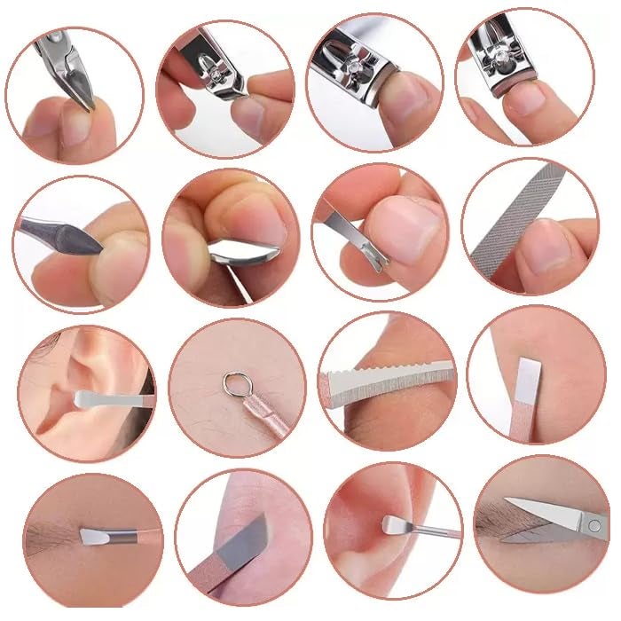 Bluwings Bluwings 16 in 1 Stainless Steel Professional Manicure Set Nail Cutter for Women Nail Scissors Luxury Grooming Kit Manicure Pedicure Kit with Leather Case for Women Nail Repairs Acne Remover needle 1 Set Peach - Image 4