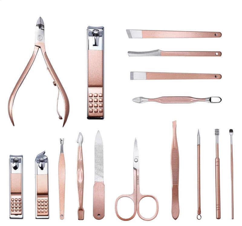 Bluwings Bluwings 16 in 1 Stainless Steel Professional Manicure Set Nail Cutter for Women Nail Scissors Luxury Grooming Kit Manicure Pedicure Kit with Leather Case for Women Nail Repairs Acne Remover needle 1 Set Peach - Image 2