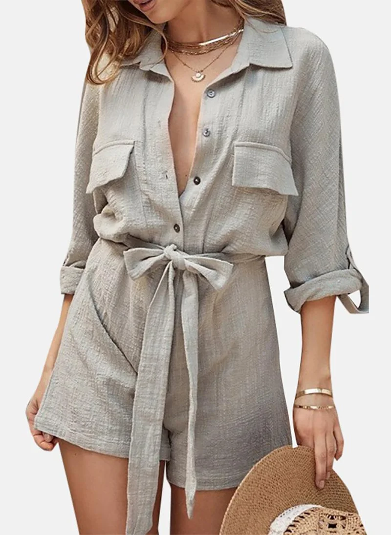 YUNIQEE Grey Solid Shirt Collar Playsuit