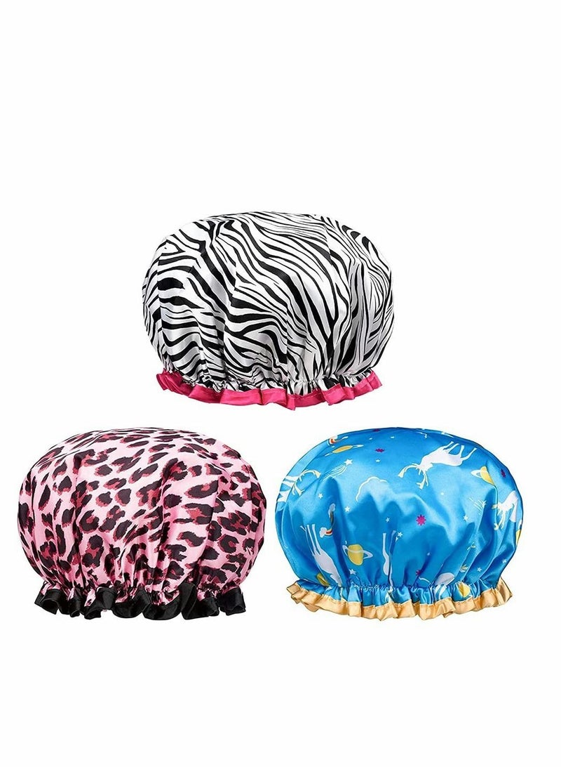 Shower Cap, Caps for Women Long Hair, Reusable Double Layer Waterproof Hair Bath Stylish Satin Bonnet, Soft Comfortable EVA Lined Hat All Length (3 PCS) - Image 1