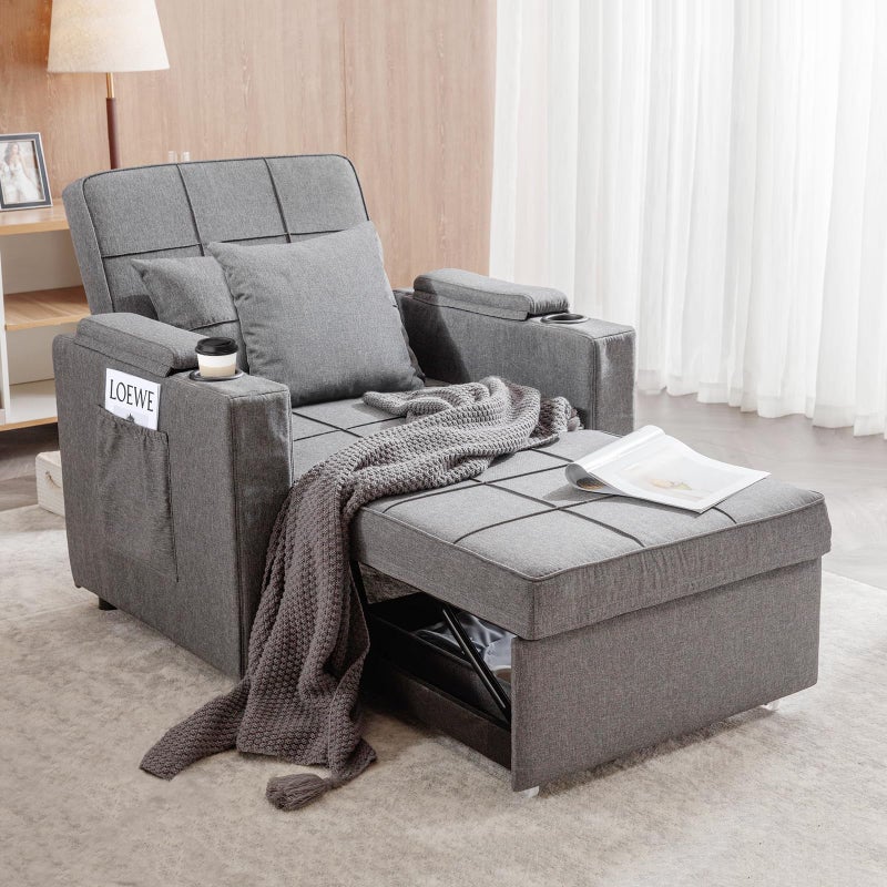 COMHOMA COMHOMA Convertible Sleeper Chair with Cup Holders 3in1 Single Convertible Armchair Bed Futon Chair Bed with Side Pocket Pull Out Sleeper for Living Room Grey 