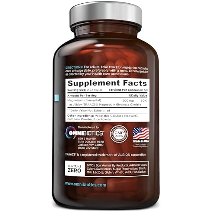OmniBiotics Magnesium Glycinate Supplement – with 100% Pure Albion TRAACS Bisglycinate Chelate for Sleep, Muscle, Nerve & Heart Health – 120 Vegan Capsules - Image 2