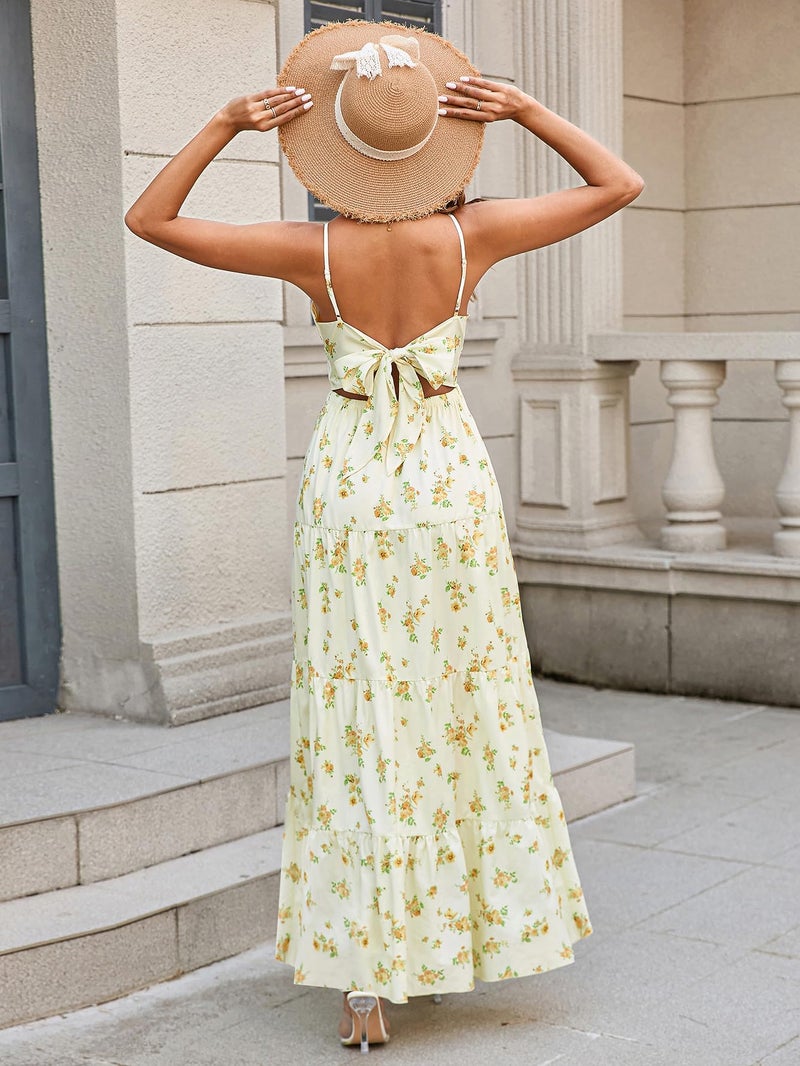 HTZMO Women Casual Summer Floral Maxi Sundress V Neck Spaghetti Strap Bow Tie Backless Flowy Boho Beach Long Dress 2026 Yellow Floral S - Image 3
