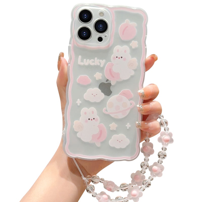 ZSYTZL Compatible with iPhone 12 Pro Max Case Clear Cute Cartoon Peach Rabbit Pattern with Cute Chain Design for Women Girls Kawaii Slim Soft TPU Case for iPhone 12 Pro MaxPeach Rabbit - Image 2
