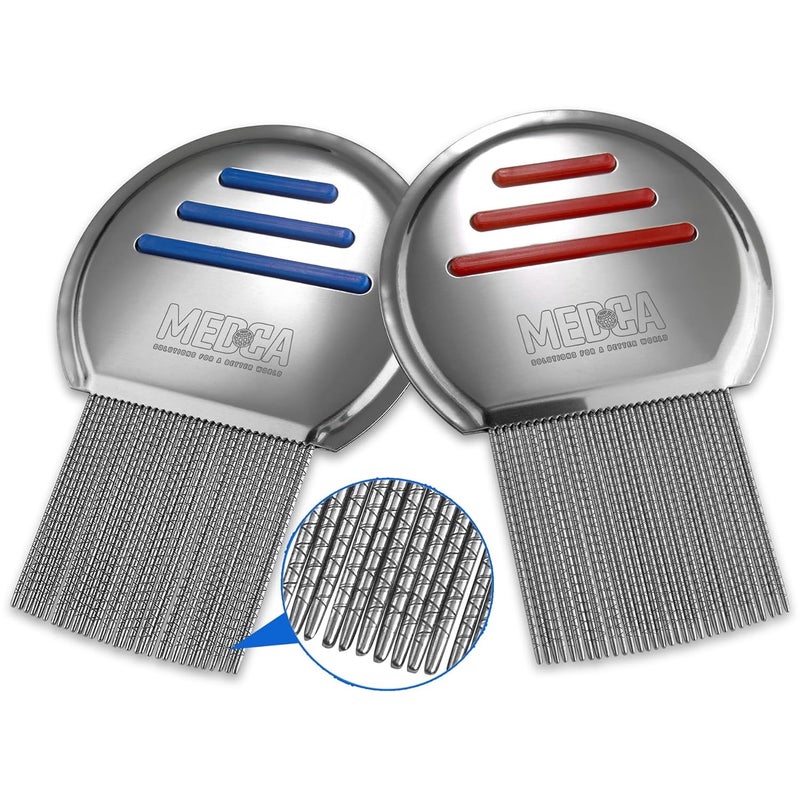 MEDca Lice Comb - (Pack of 2) Stainless Steel Professional Lice Combs and Head Lice Treatment to Effectively Get Rid of Hair Lice and Nits, Best Results for Infection and Re-infection in Kids & Adults