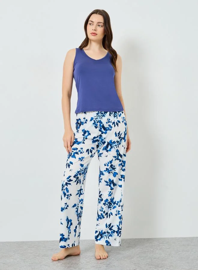 Styli Blue Sleeveless Top and Floral Printed Pyjama Set