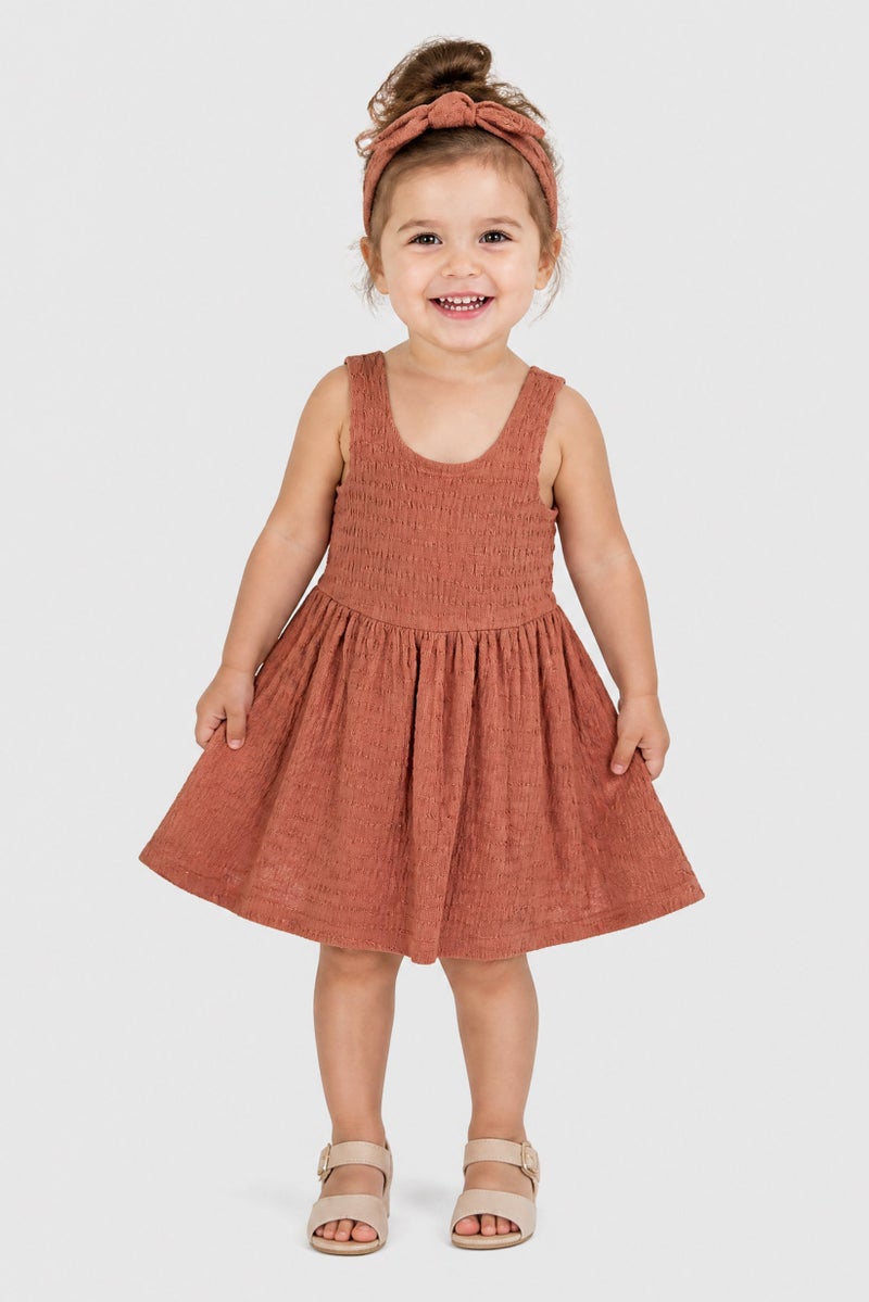 Willow & Whistle Toddlers Girl 2 Pieces Textured Dress With Headband Set, Rust Brown - Image 1