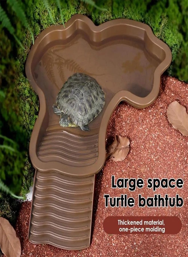 Flushbay Extra Large Reptile Bathing Pool Reptile Feeding Dish Water Bowl with Ramp Aquarium Ornament for Gecko, Snake, Turtle, Bearded Dragon, Lizard Bath (Brown Yellow) - Image 2