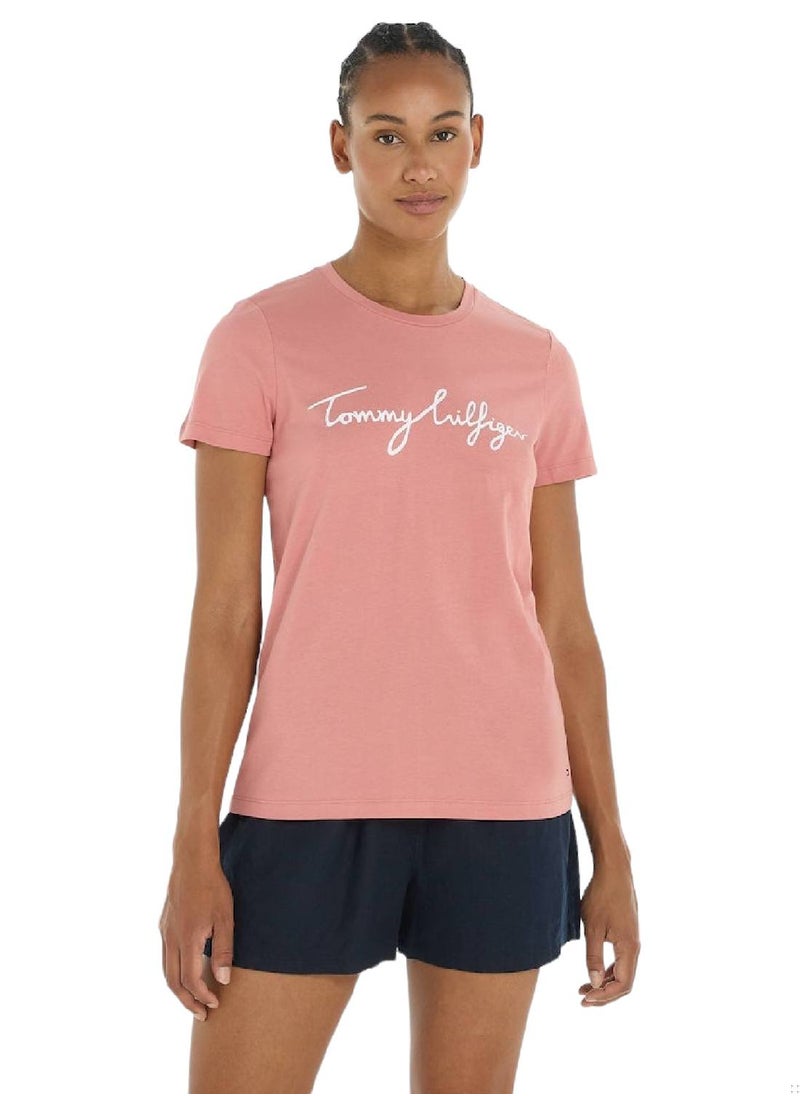 TOMMY HILFIGER Women's Signature Logo Featuring a Crew Neck T-Shirt -  Pure cotton, Pink  - Image 2