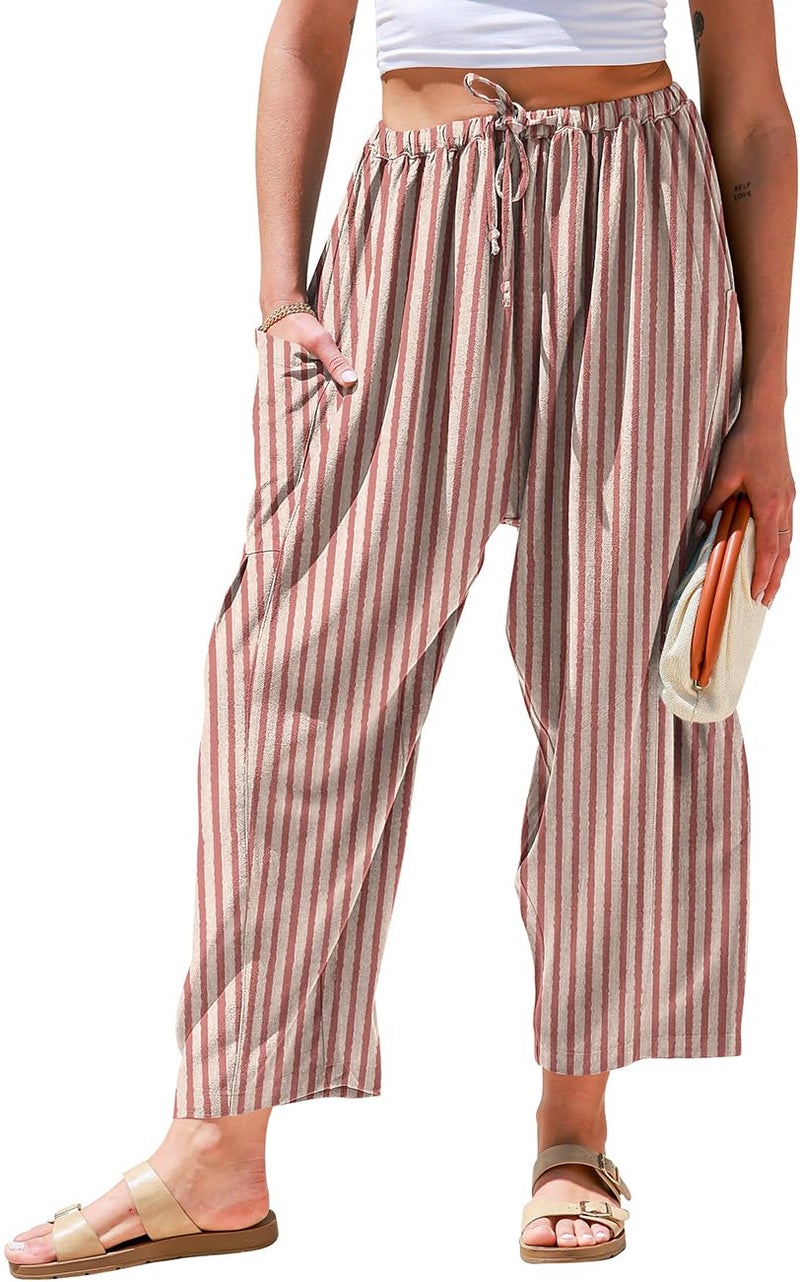 TARSE Womens Linen Wide Leg Pants Casual Loose Drawstring Low Waist Beach Palazzo Harem Pants with Pockets StripeRustredBeige L - Image 1