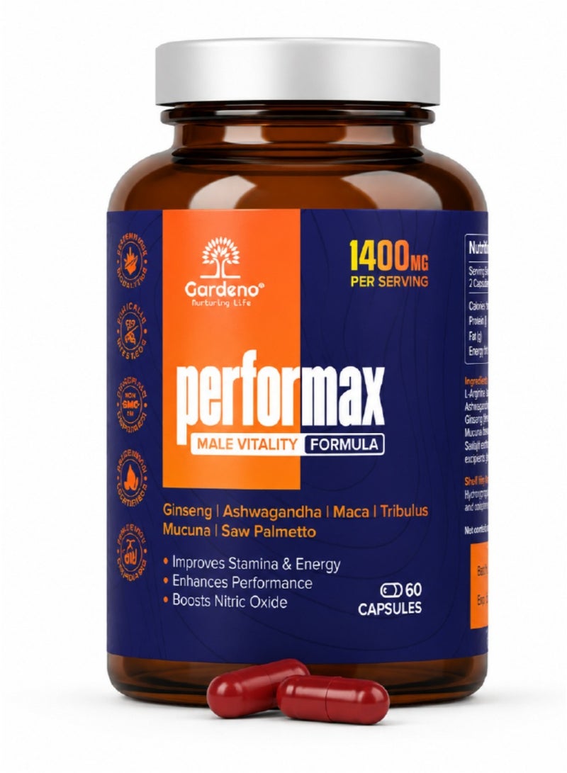 Gardeno Performax Vitality Supplement for Men – Energy & Stamina Support, 60 Veg Capsules - Image 1