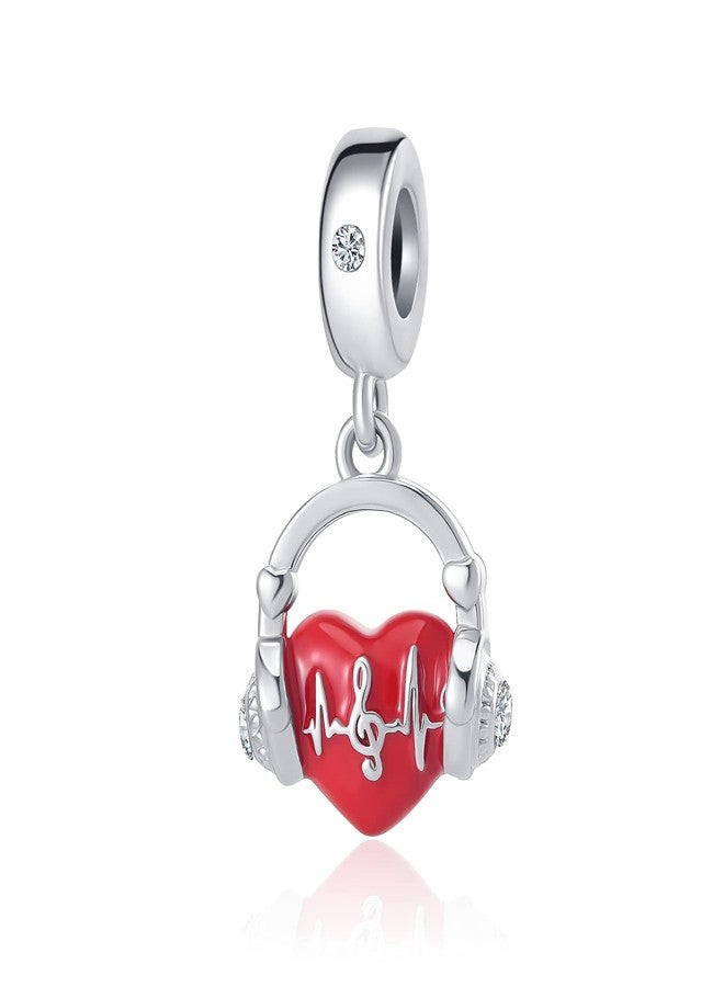 QeenseKc Love Music Note Headset Charm Hearing Heartbeat Red Enamel Beads for European Charm Bracelet - Image 1