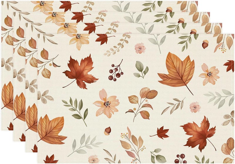 Bonhause Fall Leaves Floral Placemats Set of 4 12x18 Inch Wildflower Seasonal Autumn Thanksgiving Kitchen Dinning Table Mats Washable Place Mats for Indoor Outdoor Home Party Decor - Image 1