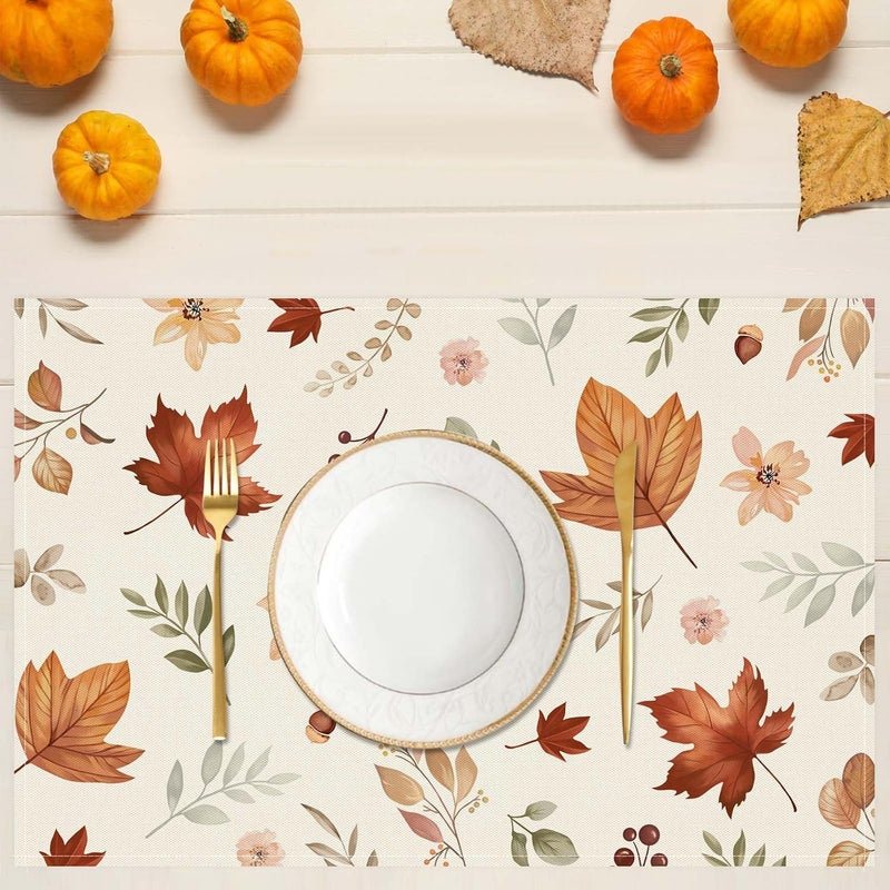 Bonhause Fall Leaves Floral Placemats Set of 4 12x18 Inch Wildflower Seasonal Autumn Thanksgiving Kitchen Dinning Table Mats Washable Place Mats for Indoor Outdoor Home Party Decor - Image 2