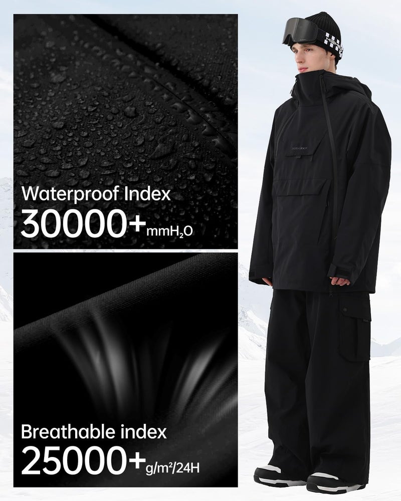 HIGH EXPERIENCE Mens Ski Jacket 3L Snowboard Anorak Coat Baggy Snow Pullover Hooded Waterproof Windproof Insulated Winter (US, Alpha, Medium, Regular, Regular, Black) - Image 4