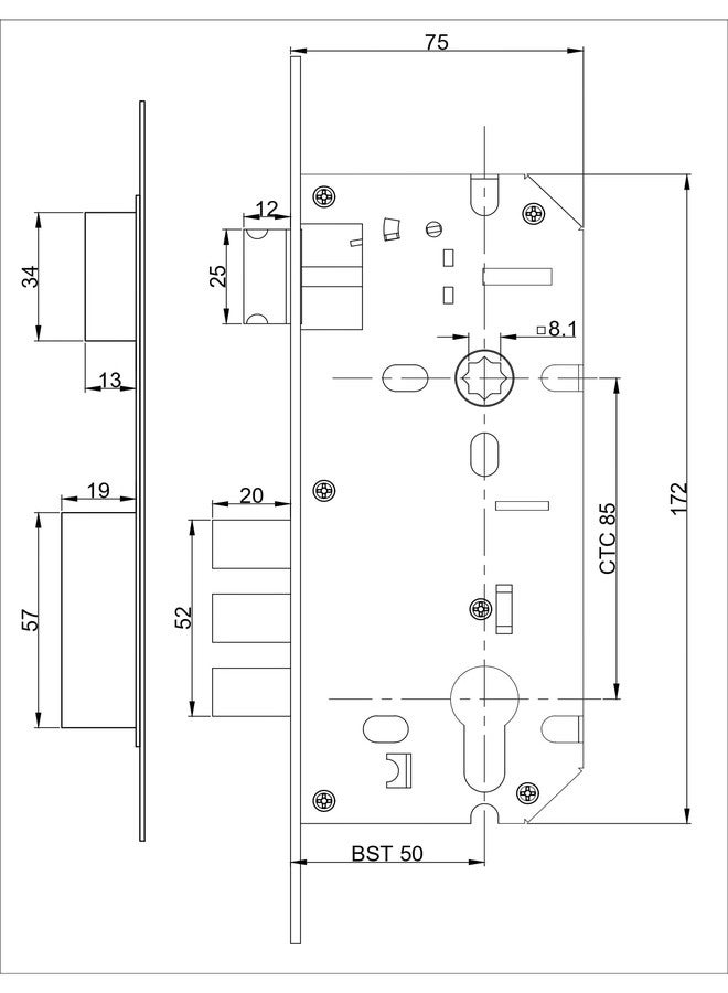 LAPO Heavy Duty Brass Lock Body Set for Wooden Door, Mortise Lock Body, Lock Body 50 mm x 85 mm Three Bullet (Matt Finish)-Pack of 1 pcs - Image 2