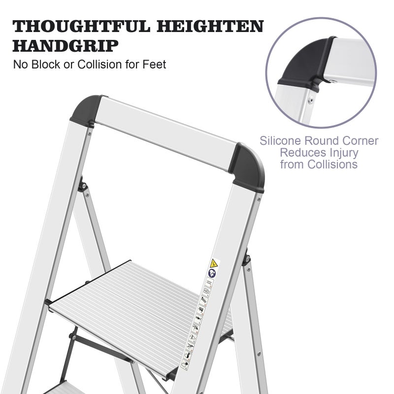 KINGRACK Aluminium 4 Step Ladder, Lightweight Step Stool with Non-Slip Pedals, Handrail, Foldable Step Ladder for Kitchen, Garage, Home, Space Saving, Sturdy and Portable, Silver - Image 4