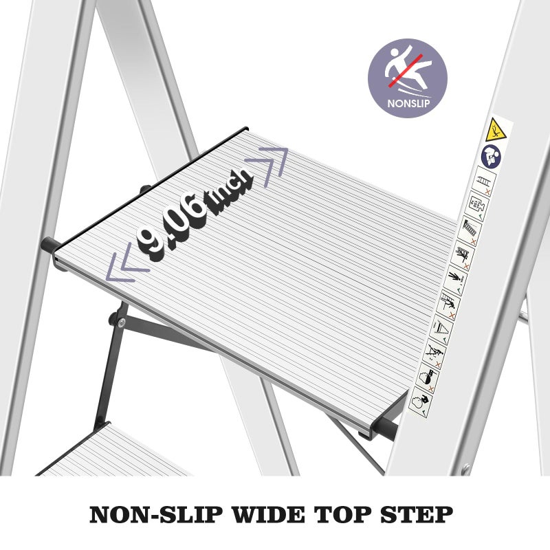 KINGRACK Aluminium 4 Step Ladder, Lightweight Step Stool with Non-Slip Pedals, Handrail, Foldable Step Ladder for Kitchen, Garage, Home, Space Saving, Sturdy and Portable, Silver - Image 2